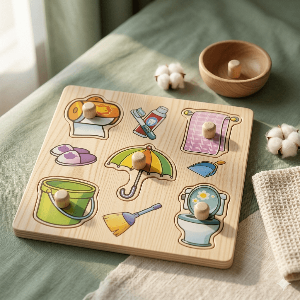 wooden shape sorting/peg puzzle board (living) - Image 1